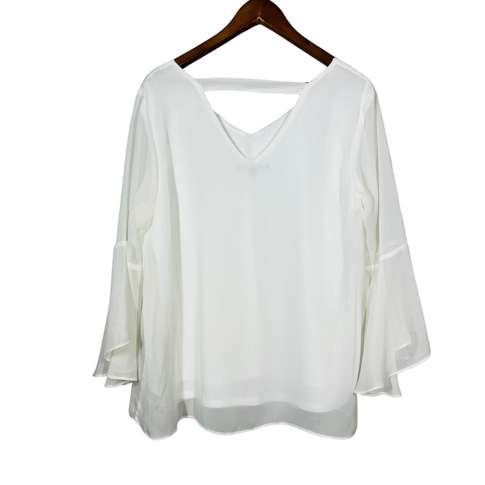 Zac & Rachel Draped Bell Sleeve Tunic White V Neck Casual Career - L